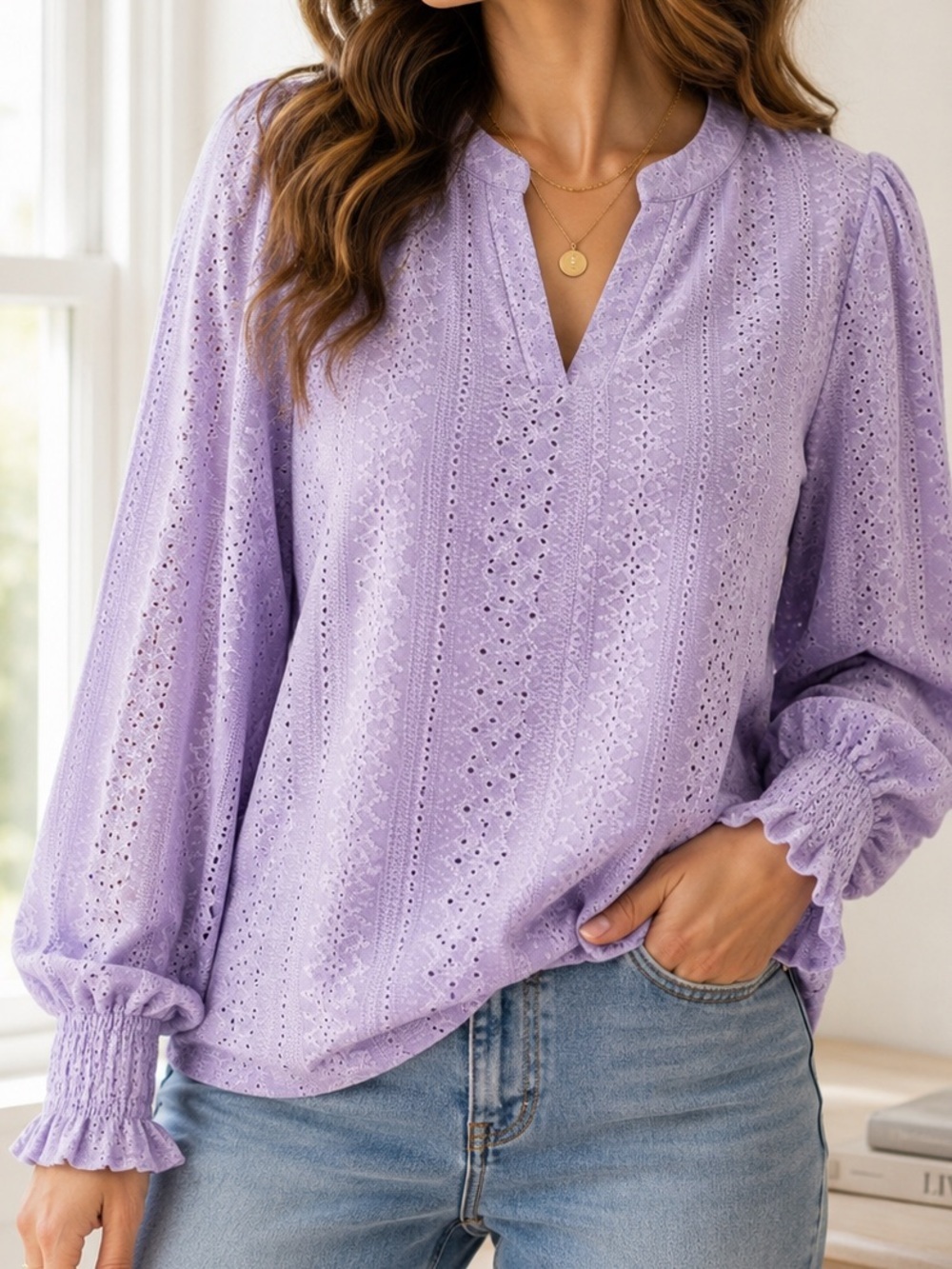 Lavender Eyelet V-Neck Blouse Shirred Cuffs NWT Size M